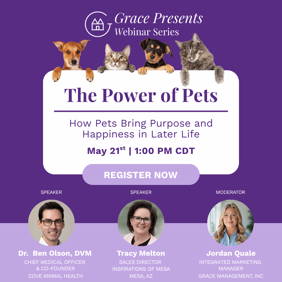 Grace Presents: The Power of Pets webinar banner with four pets peeking over a white sign and a Register Now button.