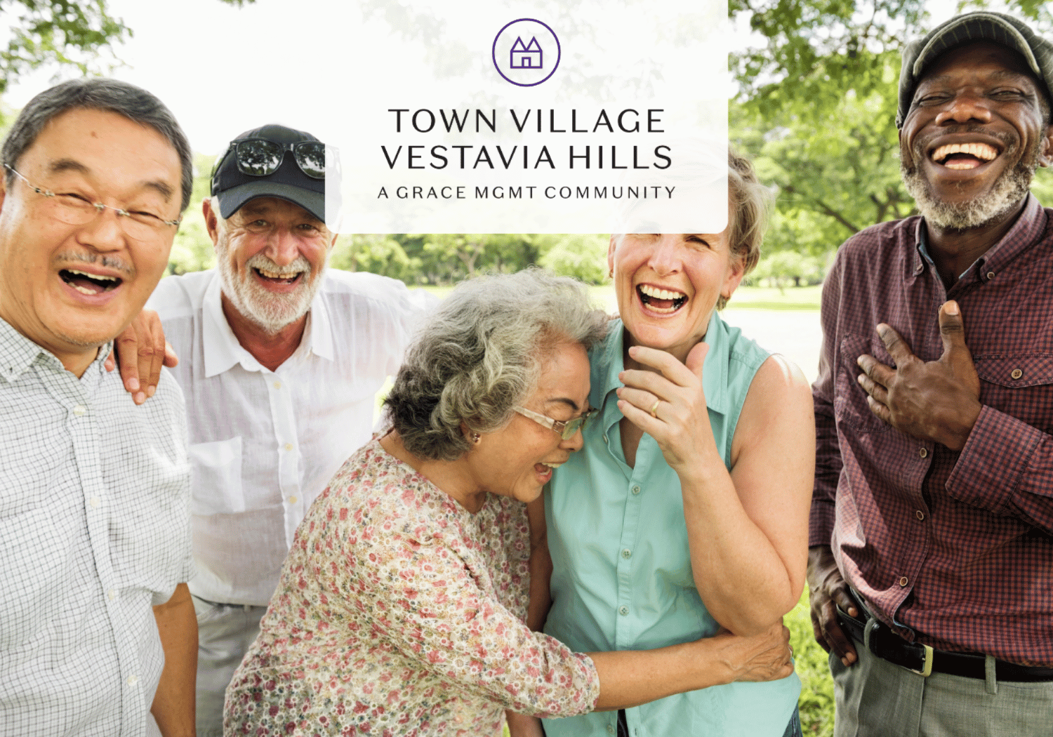 Five seniors smiling and laughing together outdoors, arms around each other, with greenery in the background; overlay text reads 'Town Village Vestavia Hills'.