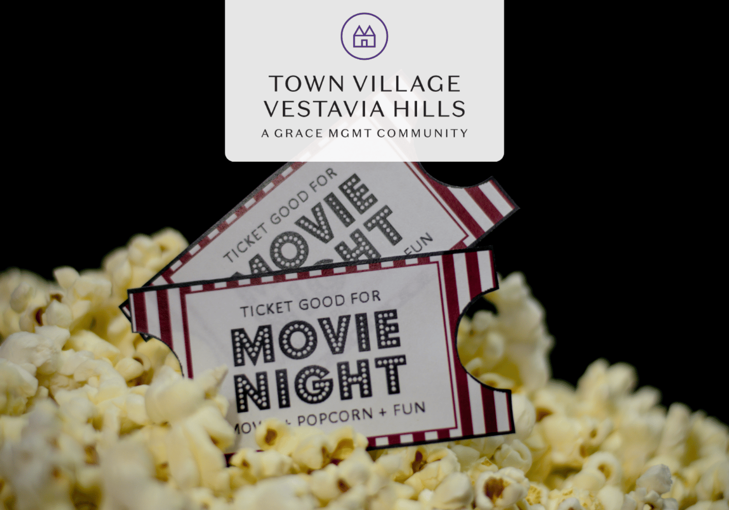 Popcorn with two tickets reading 'Movie Night' atop a dark background and a Town Village Vestavia Hills logo overlayed above.