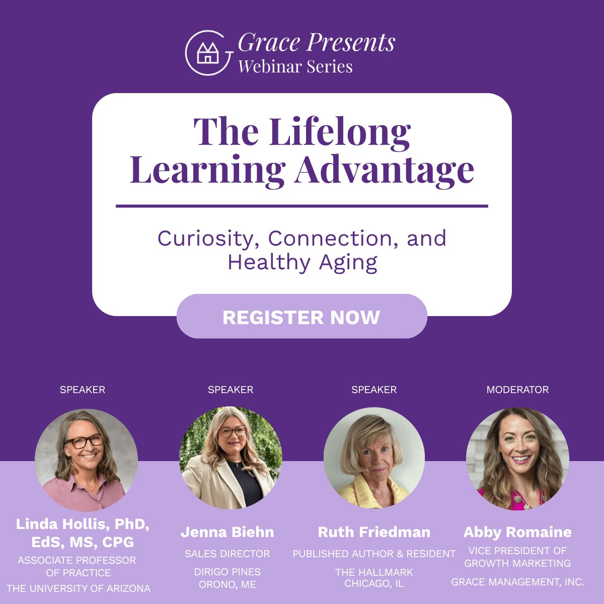 Promotional banner for Grace Presents Webinar Series: The Lifelong Learning Advantage with a Register button and four speaker headshots.